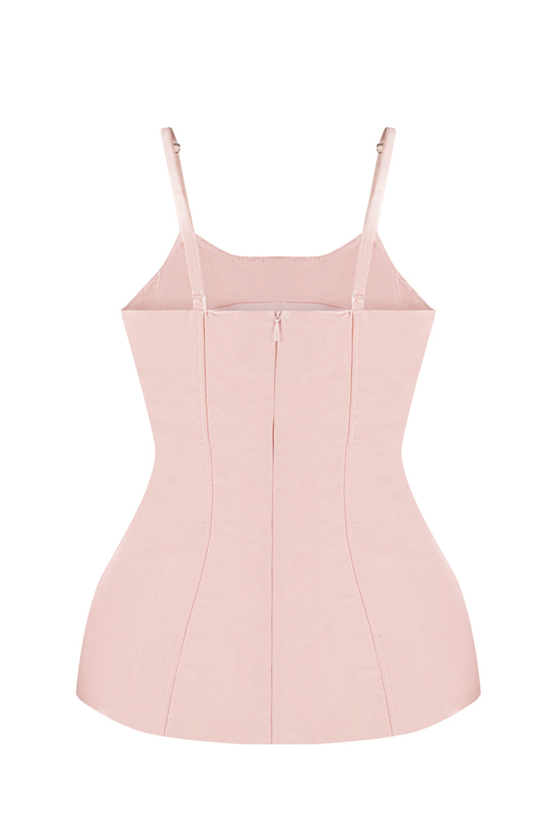 Sean Sheila blush corset top shown from the back, featuring structured design and adjustable straps in a soft pink hue.