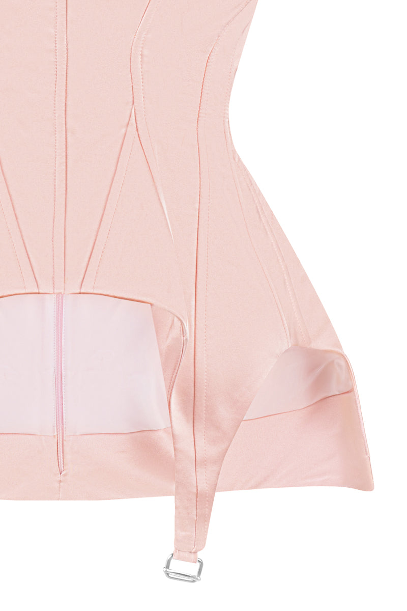 Sean Sheila blush corset top with structured fit and detailed stitching, displayed on a mannequin.