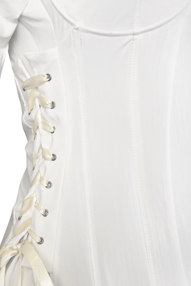 White corset panelled shirt by Sean Sheila with detailed stitching and structured design, perfect for stylish, modern outfits.