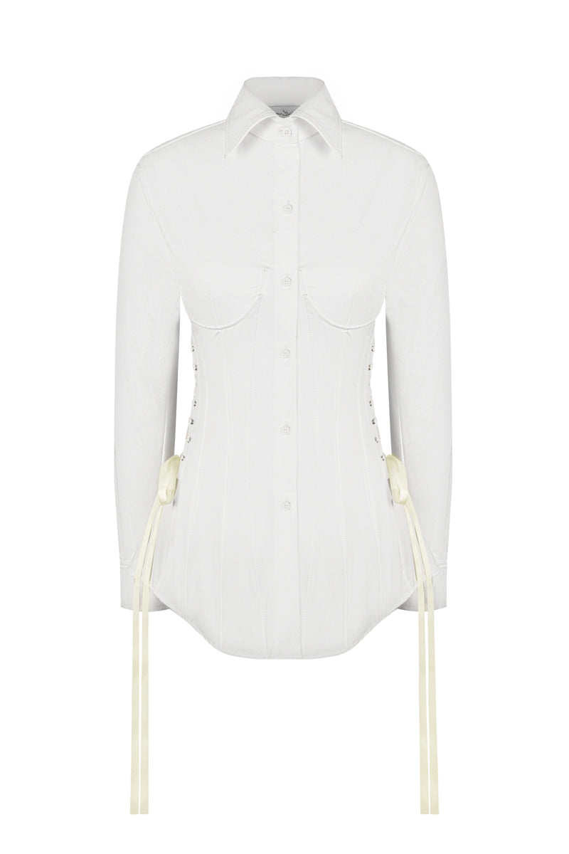 White corset-panelled shirt by Sean Sheila, featuring structured design and fitted silhouette, front view.