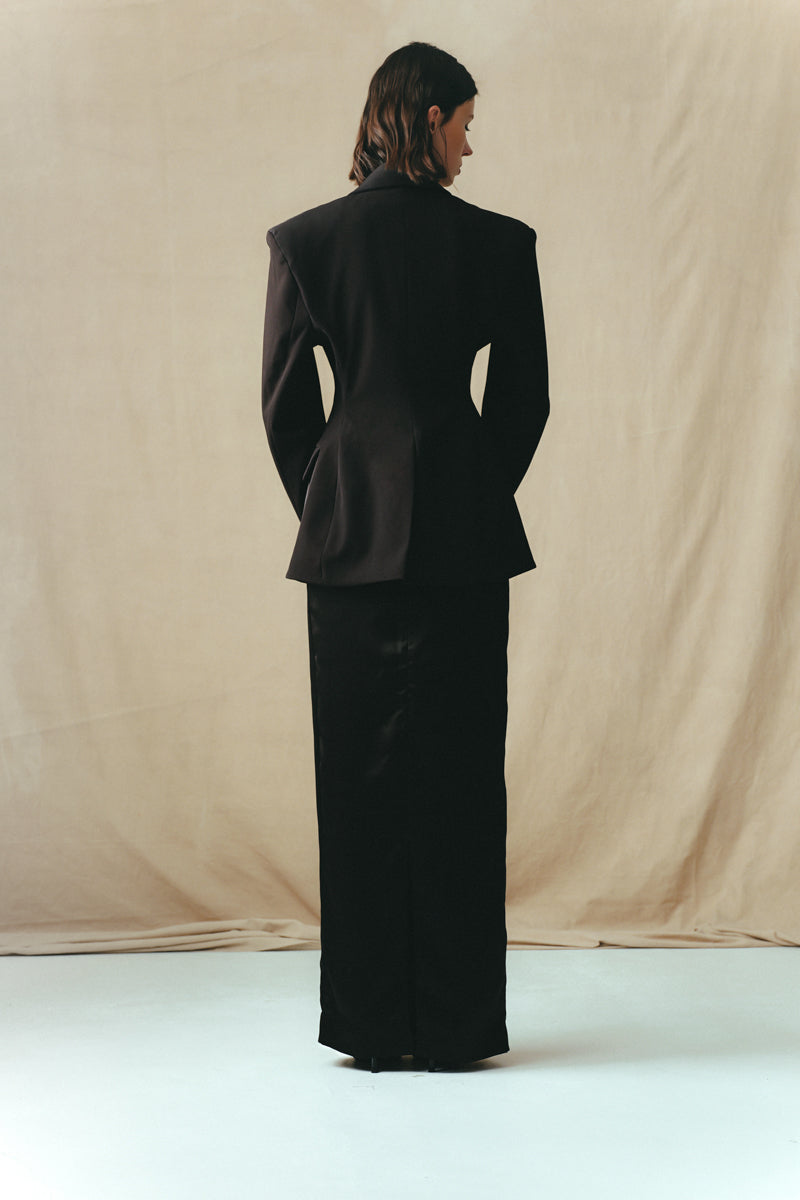 Back view of Sean Sheila classic tailored Lily embroidered suit jacket, showcasing detailed embroidery and structured fit.
