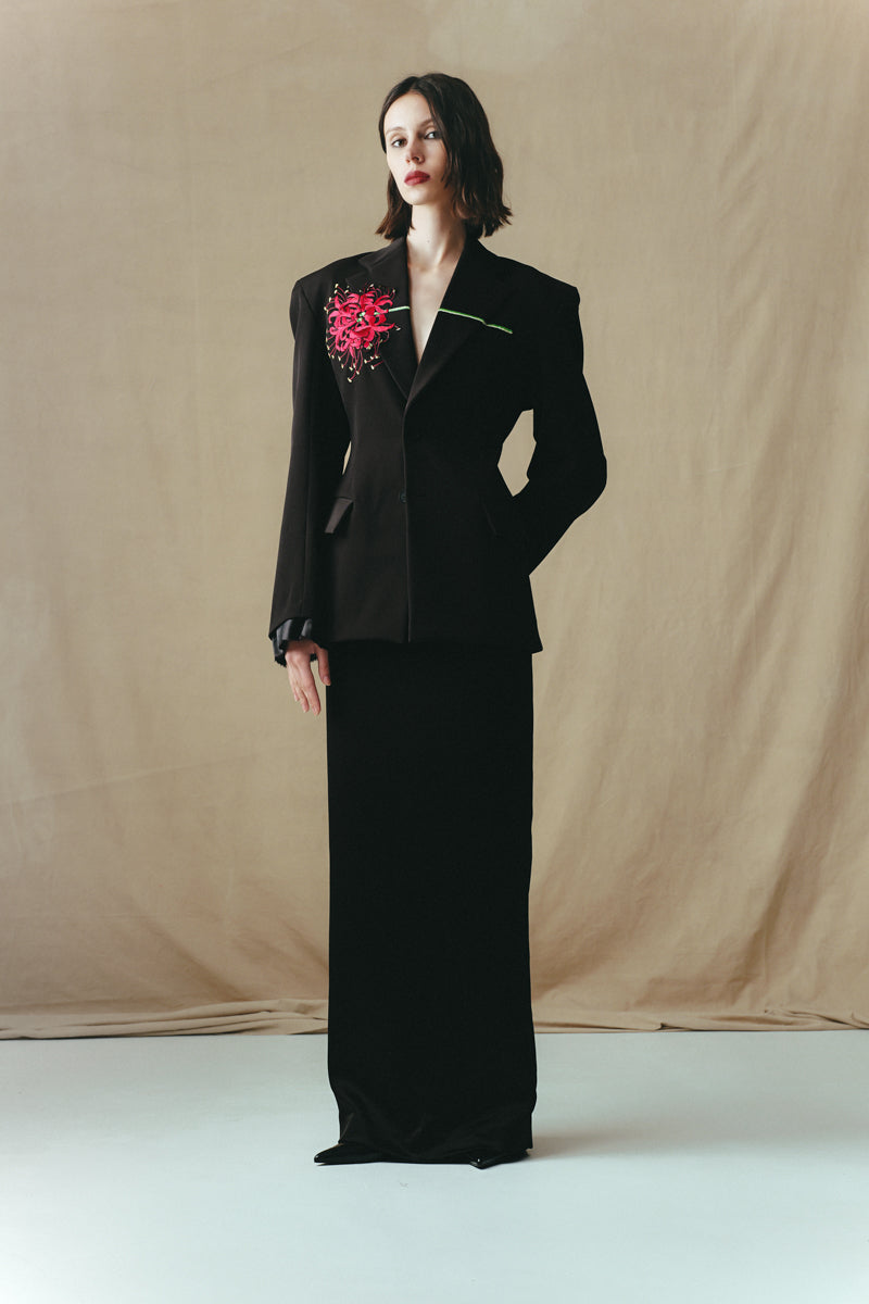 Sean Sheila classic tailored Lily embroidered suit jacket with front view, showcasing detailed embroidery and structured design.