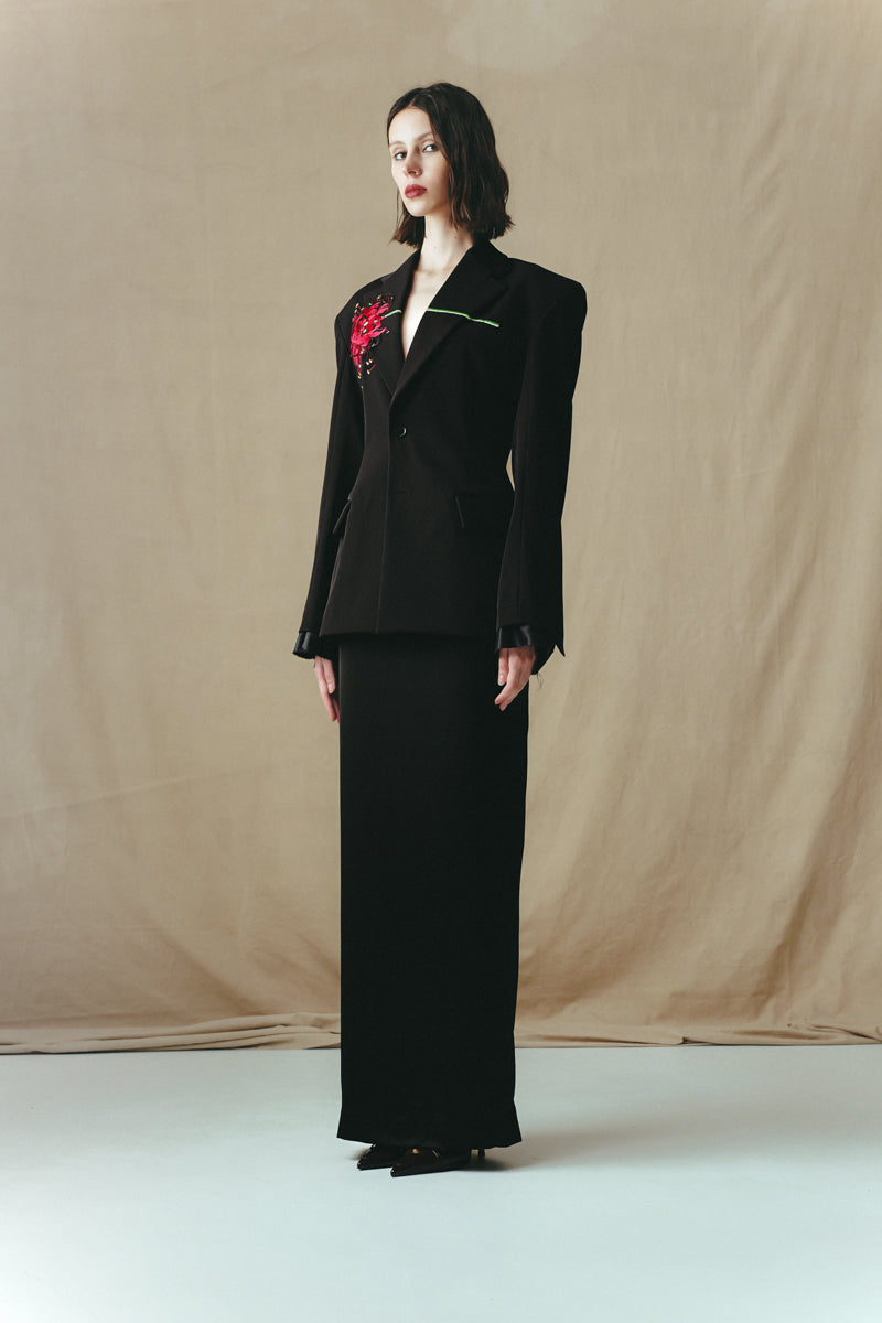 Sean Sheila classic tailored Lily embroidered suit jacket shown from the side, featuring elegant embroidery and structured design.