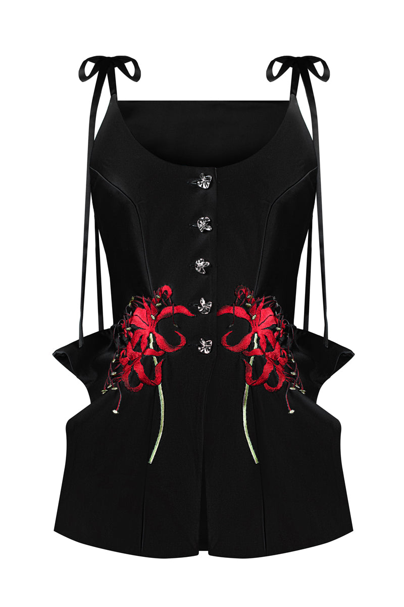 Red embroidered tank top from Sean Sheila's Signature collection, featuring intricate embroidery and a sleeveless design.