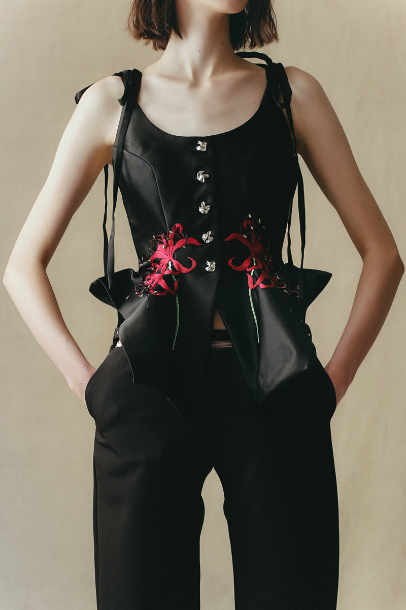 Red embroidered tank top from Sean Sheila's Signature collection, featuring detailed embroidery and sleeveless design.