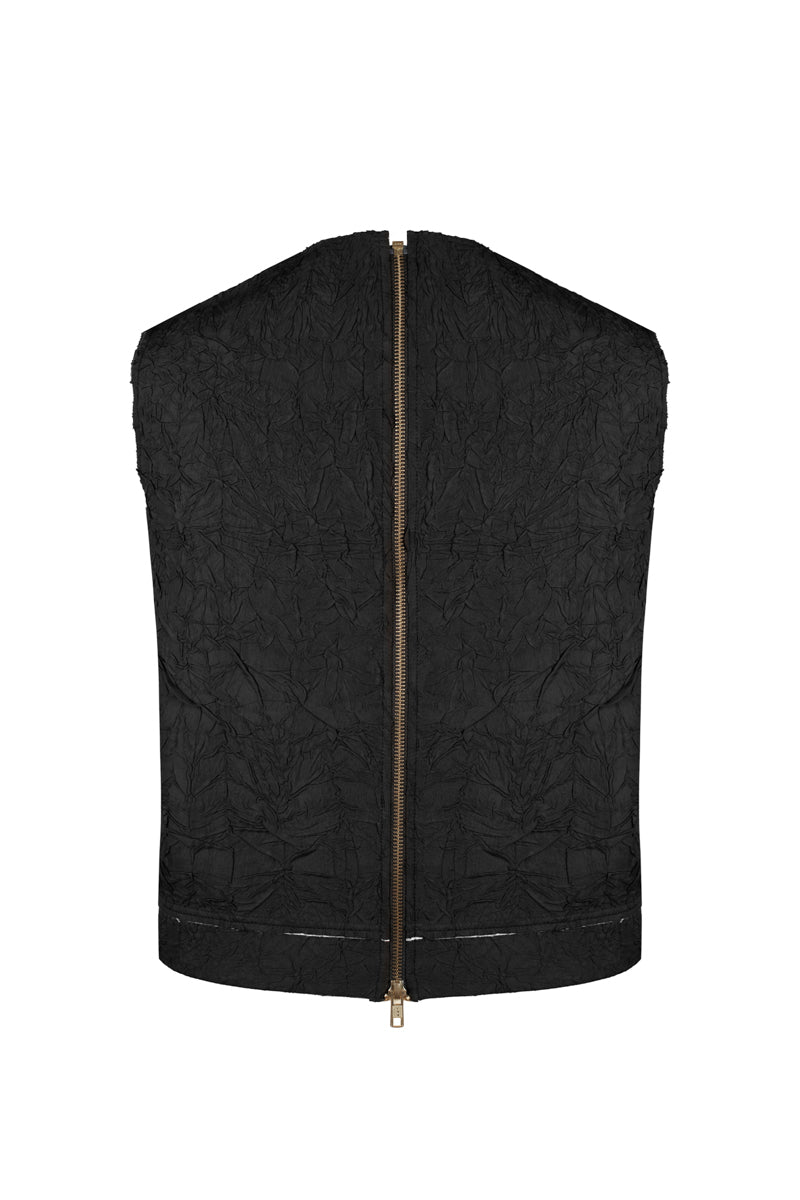 Black crinkled top from Sean Sheila, stylish and textured with a draped design, shown from the back.