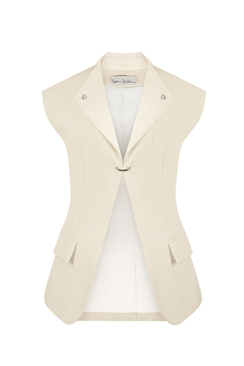 Sean Sheila eggshell vest with a single hook, showcasing a stylish tops design featuring a sleek front closure.