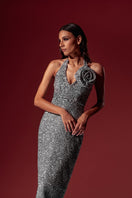 Elegant Monika Dimova Amina Sparkling Gown from the CULT MIA X Monika Dimova collection, featuring shimmering fabric and intricate design.