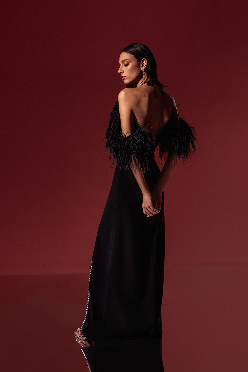 CULT MIA X MONIKA DIMOVA BLACK CREPE EMBROIDERED FEATHER GOWN - CULT MIA