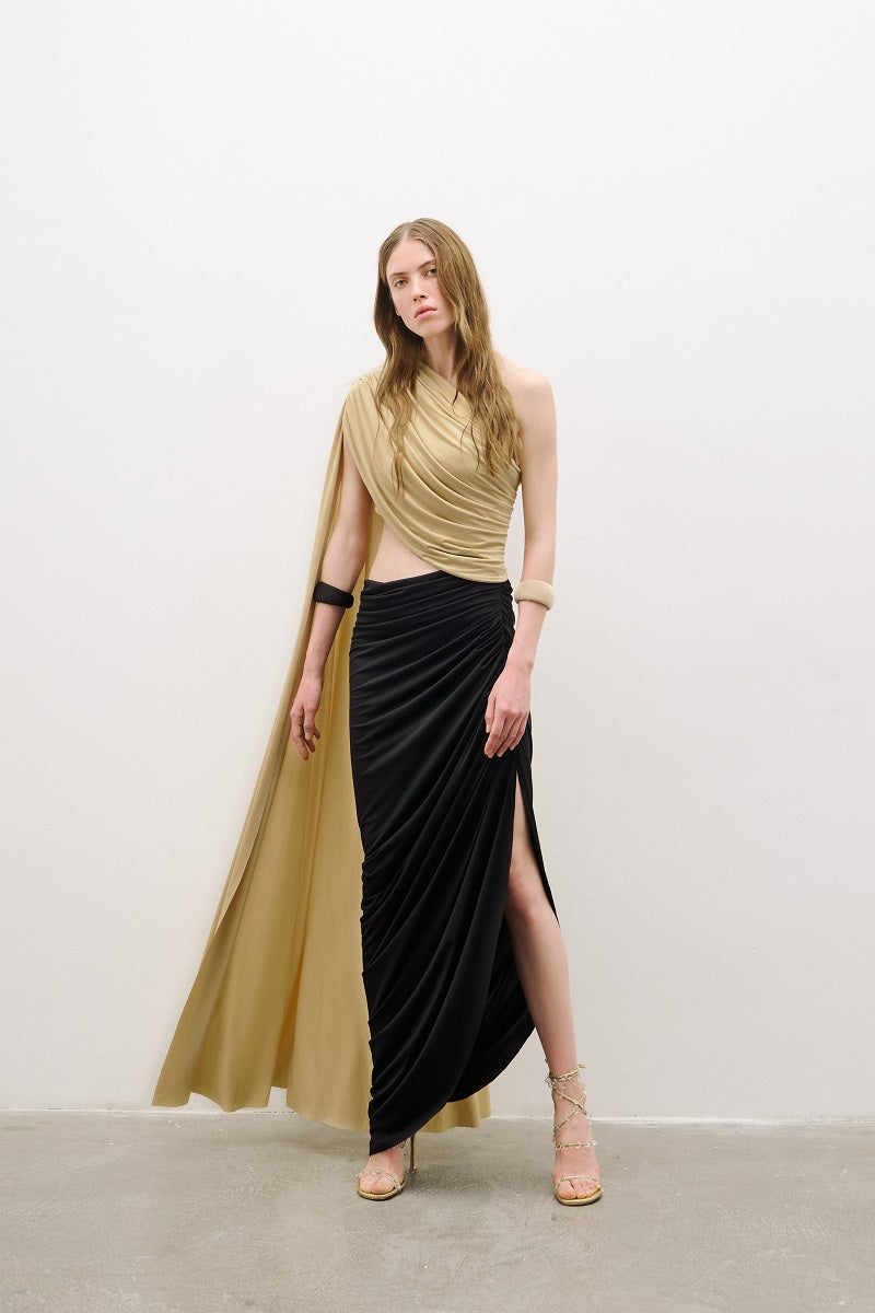 Black and gold AWAVE midi dress with detailed draped design, elegant fabric, and sophisticated style for formal occasions.