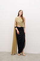 Black and gold detailed draped midi dress by AWAVE, featuring elegant fabric and intricate design elements.