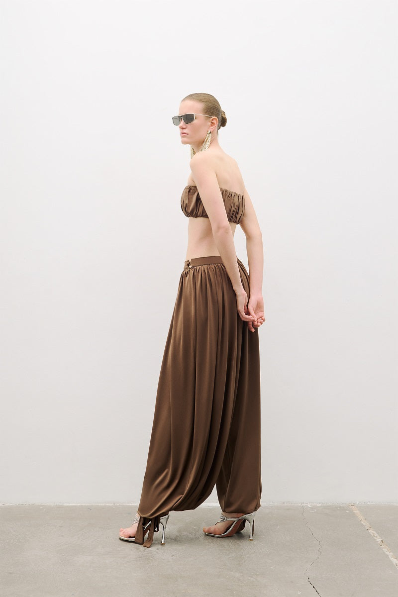 AWAVE draped harem pants and ruched strapless top co-ord set, featuring flowy fabric and stylish, relaxed fit.