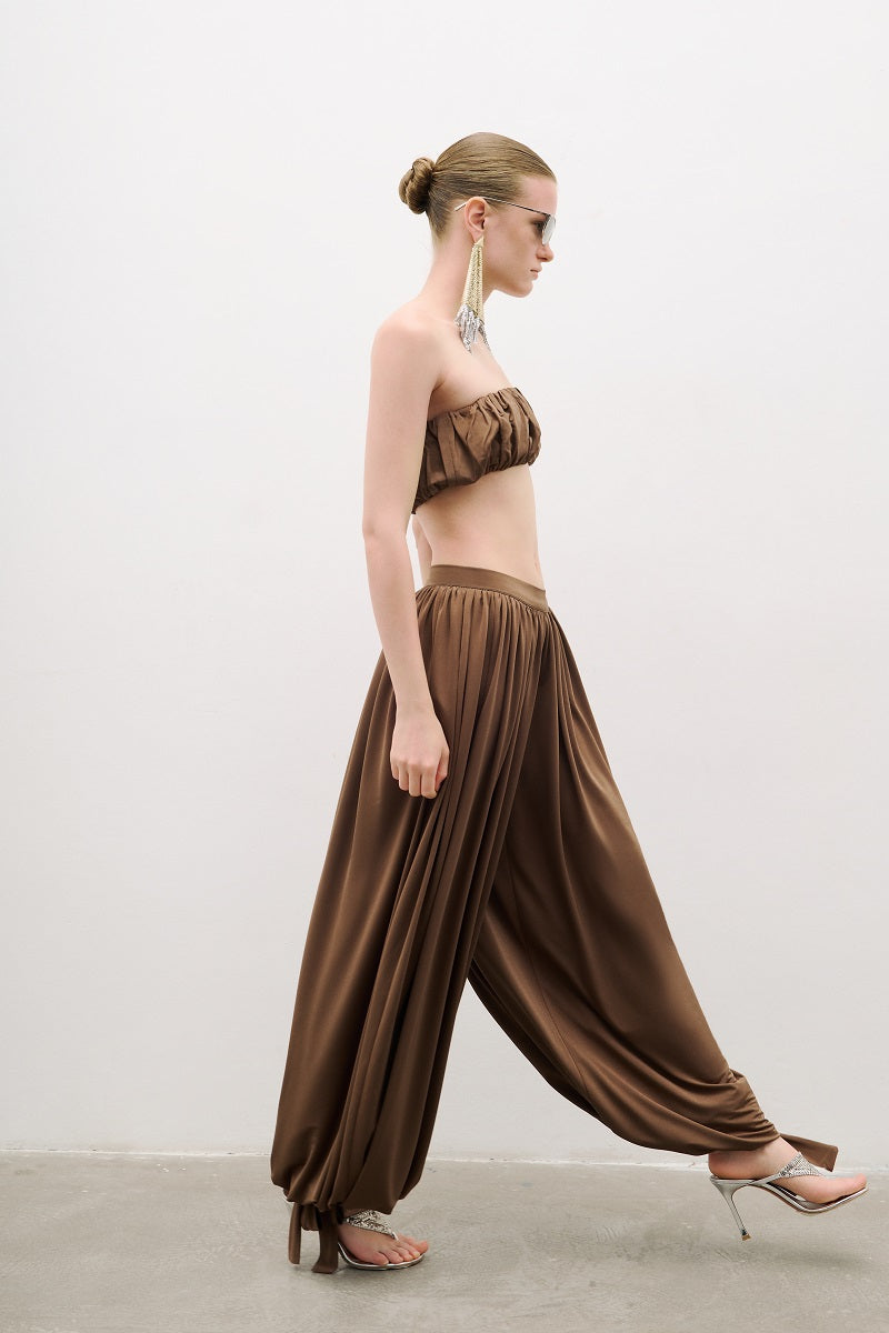 AWAVE draped harem pants and ruched strapless top co-ords set, featuring flowy fabric and stylish, relaxed fit.