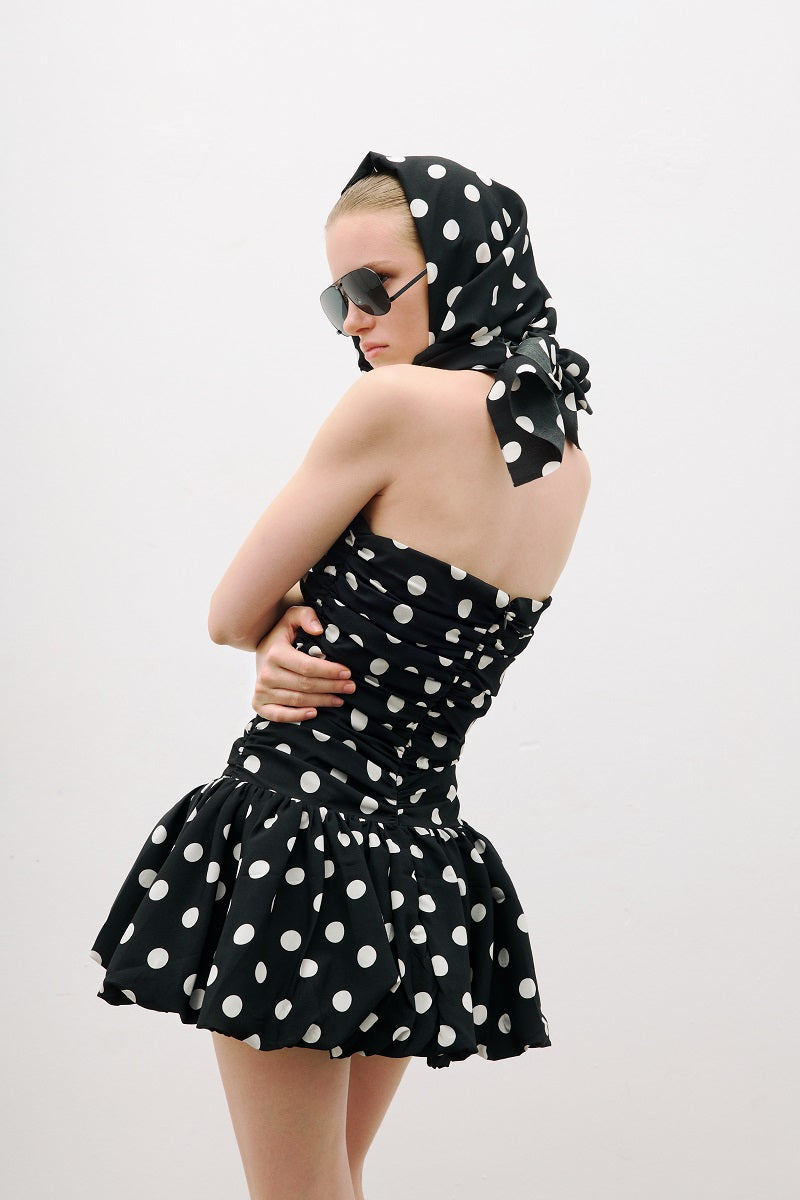 AWAVE ruched strapless mini dress with balloon skirt, featuring a fitted bodice and voluminous hem, perfect for stylish occasions.