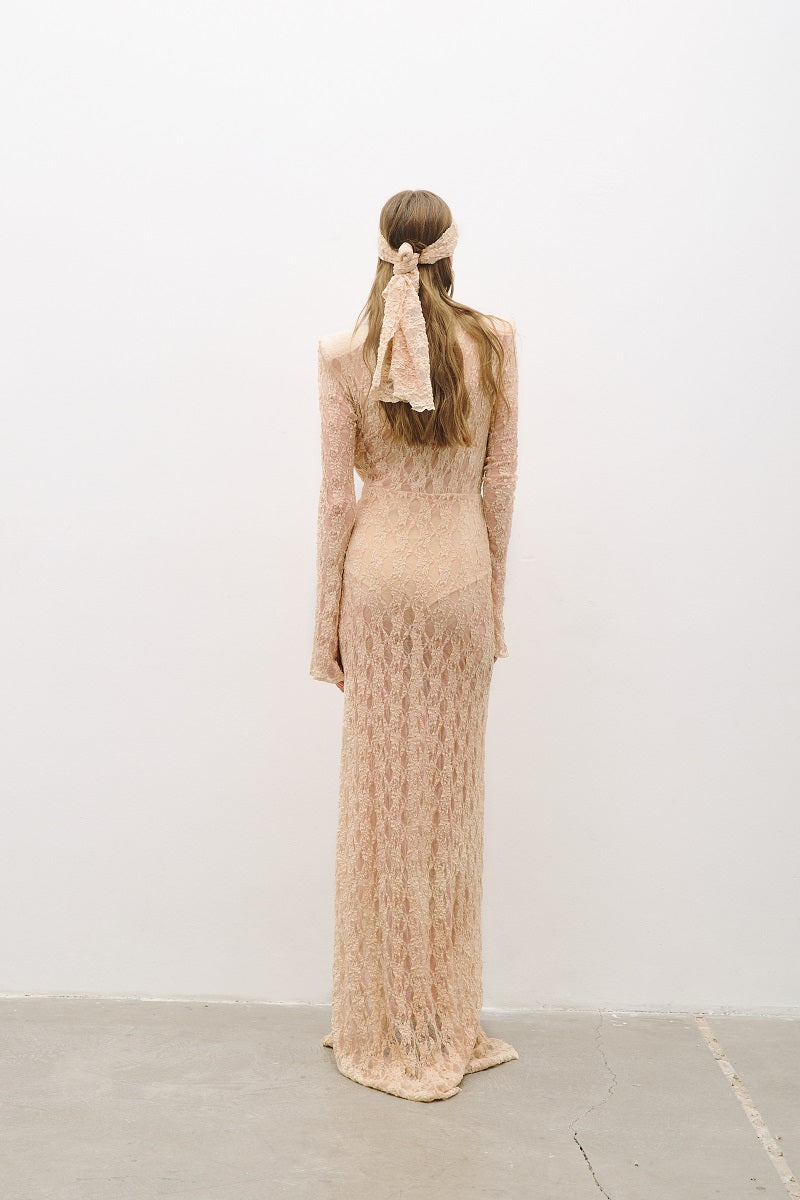 Light pink salmon long-sleeved maxi dress by AWAVE, flowing fabric and elegant design, perfect for stylish summer or evening wear.