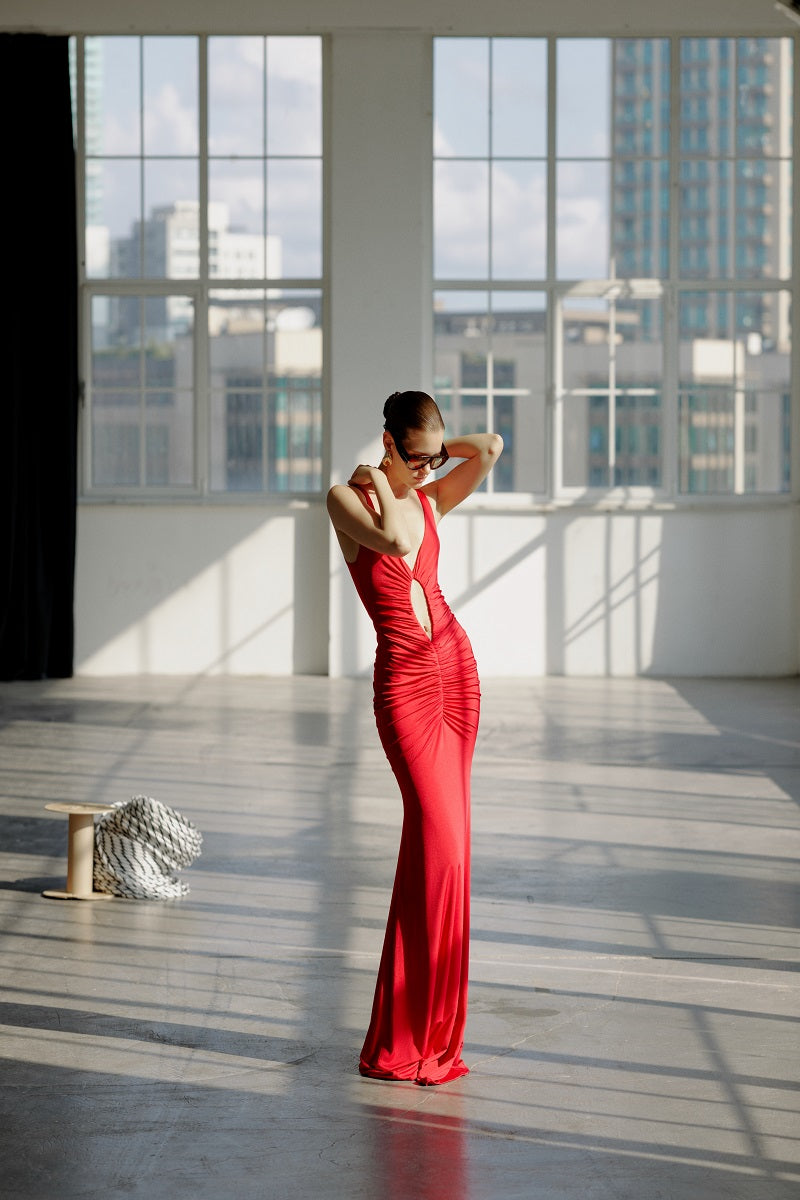 Red AWAVE strappy maxi dress with drape detailing, featuring flowing fabric and elegant design, perfect for summer or evening wear.