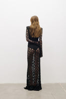 Black long-sleeved maxi dress by AWAVE, flowing fabric with a fitted waist and elegant design, perfect for formal occasions.