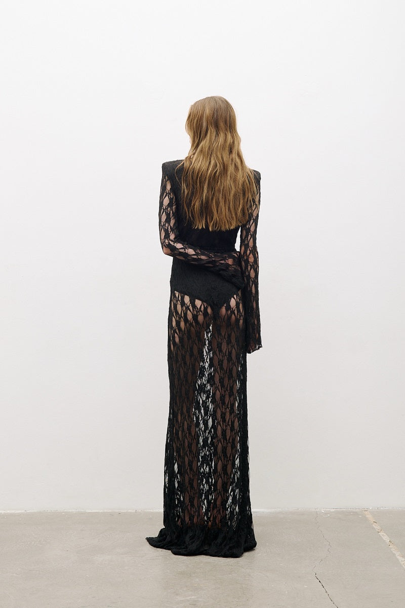 Black long-sleeved maxi dress by AWAVE, flowing fabric with a fitted waist and elegant design, perfect for formal occasions.