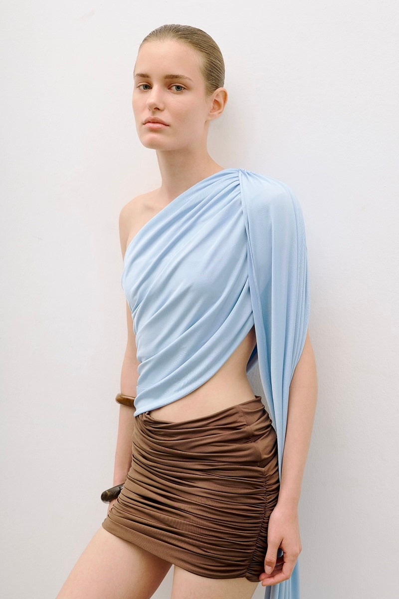 Baby blue and brown mini dress with detailed draping from AWAVE, featuring a stylish and elegant design.