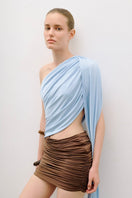 Baby blue and brown mini dress with detailed draping from AWAVE, featuring a stylish and elegant design.