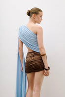 Baby blue and brown mini dress with detailed draped design by AWAVE, shown with a flattering fit and elegant style.