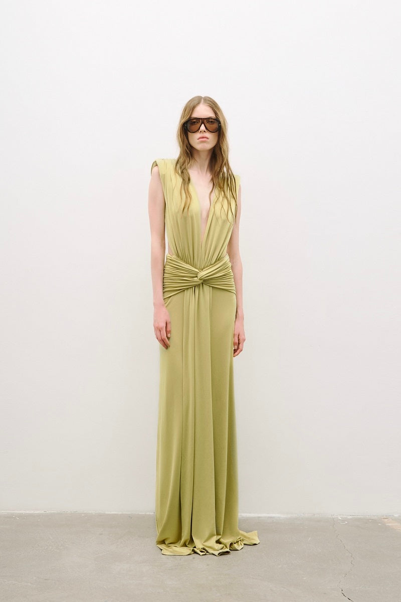 Green AWAVE V-neck maxi dress with front and back drape detailing, flowing and elegant for stylish occasions.