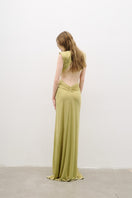 Green V-neck maxi dress with drape detail from AWAVE, showing front and back views of the elegant, flowing design.