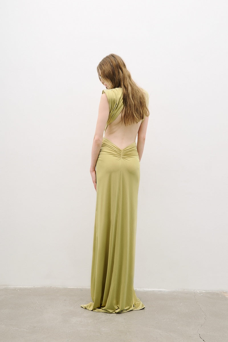 Green V-neck maxi dress with drape detail from AWAVE, showing front and back views of the elegant, flowing design.