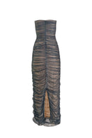 YASSMIN SALEH teal fade maxi gown with ghost back detail, flowing elegant dress perfect for formal occasions