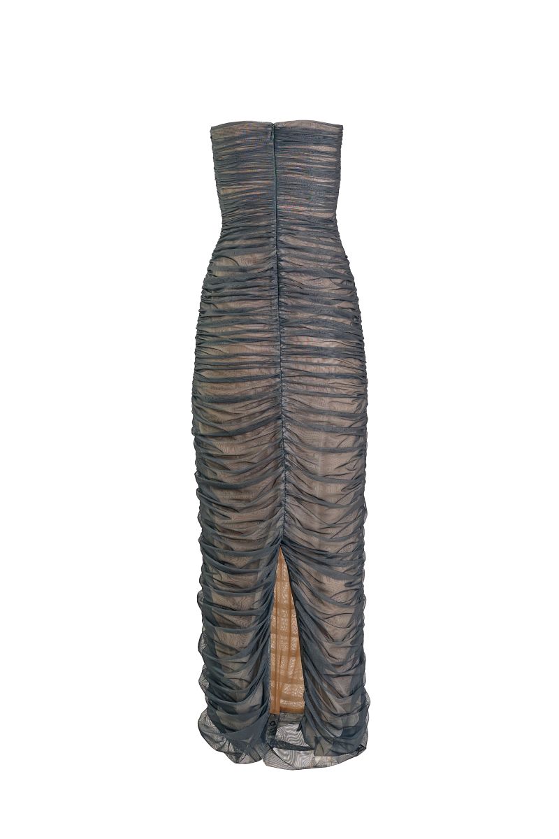 YASSMIN SALEH teal fade maxi gown with ghost back detail, flowing elegant dress perfect for formal occasions