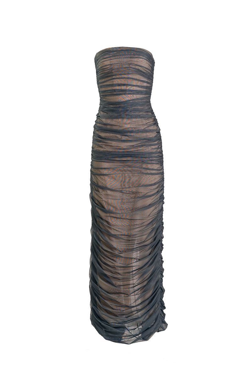 Teal fade maxi gown by YASSMIN SALEH with flowing fabric and elegant design, front view showcasing its stylish silhouette.