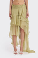 Green fairy layered maxi skirt by Stolen Stores, flowing fabric and tiered design perfect for boho or casual wear.