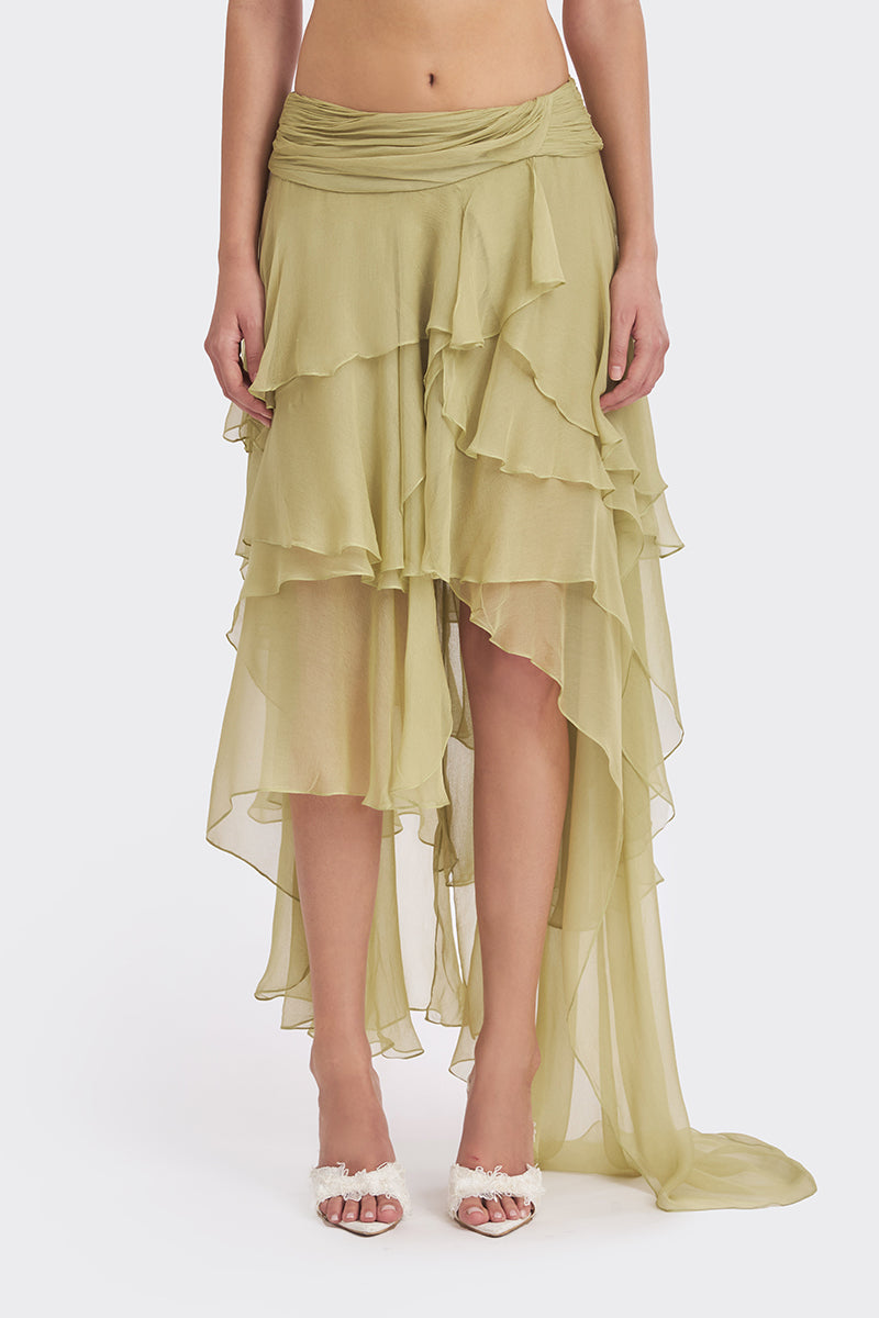 Green fairy layered maxi skirt by Stolen Stores, flowing fabric and tiered design perfect for boho or casual wear.