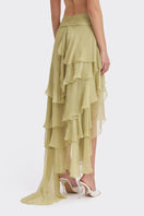 Green fairy layered maxi skirt by Stolen Stores, flowing fabric with layered design perfect for boho and casual styles.