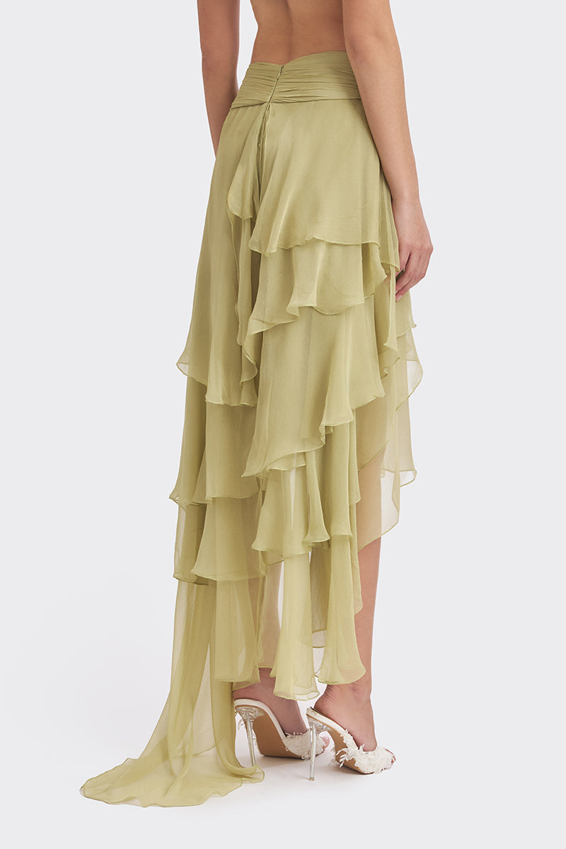 Green fairy layered maxi skirt by Stolen Stores, flowing fabric with layered design perfect for boho and casual styles.