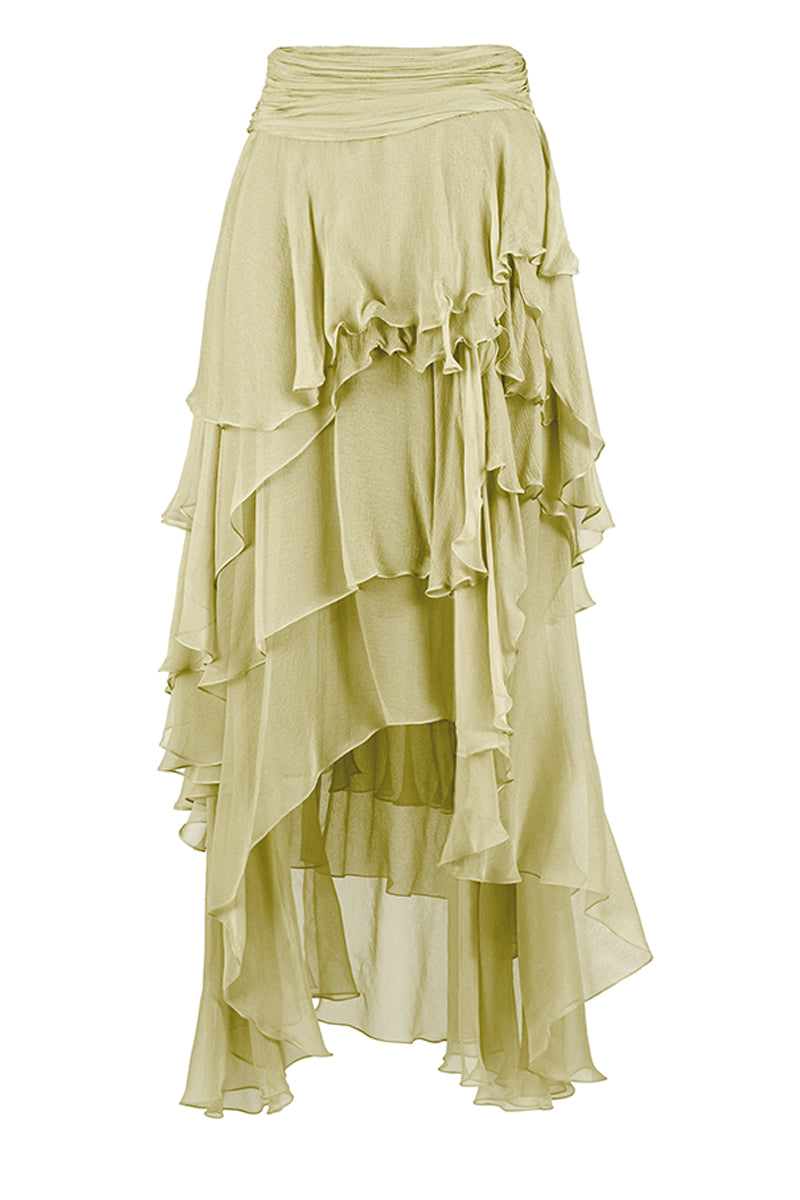 Fairy layered green maxi skirt from Stolen Stores featuring flowing fabric and whimsical design for a boho look.