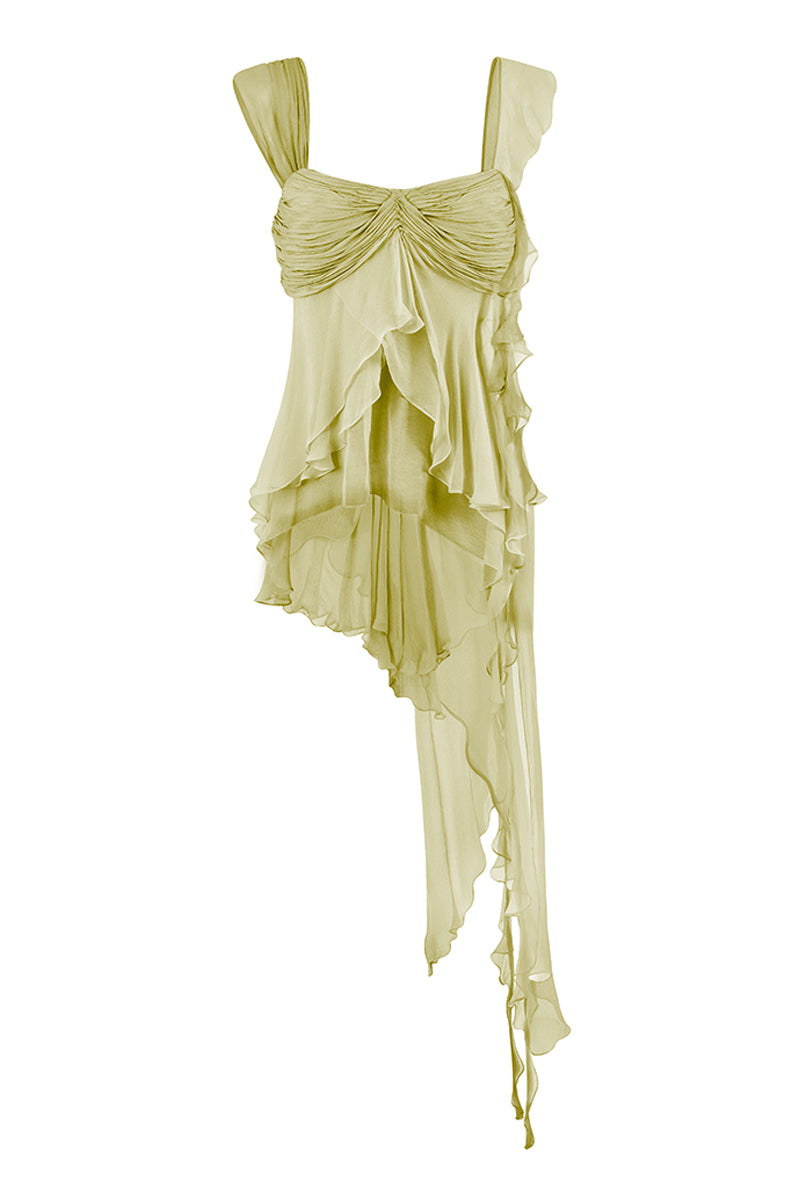 Green mini fairy top by Stolen Stores, featuring a fitted design with short sleeves and decorative details.
