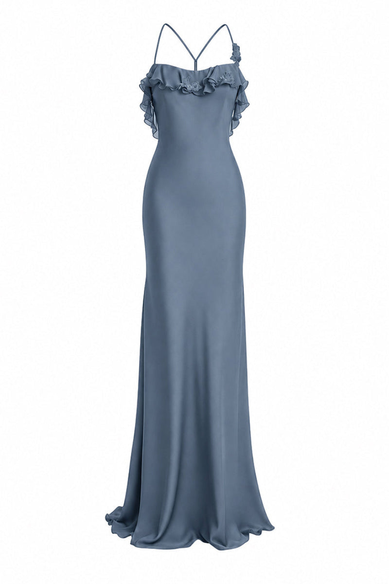 Blue CULT MIA X Stolen Stores fairy ruffle maxi dress featuring flowing fabric and delicate ruffle details, perfect for elegant occasions.