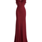 Elegant burgundy fairy ruffle maxi dress by Stolen Stores, flowing fabric with ruffle details for a stylish gown look.