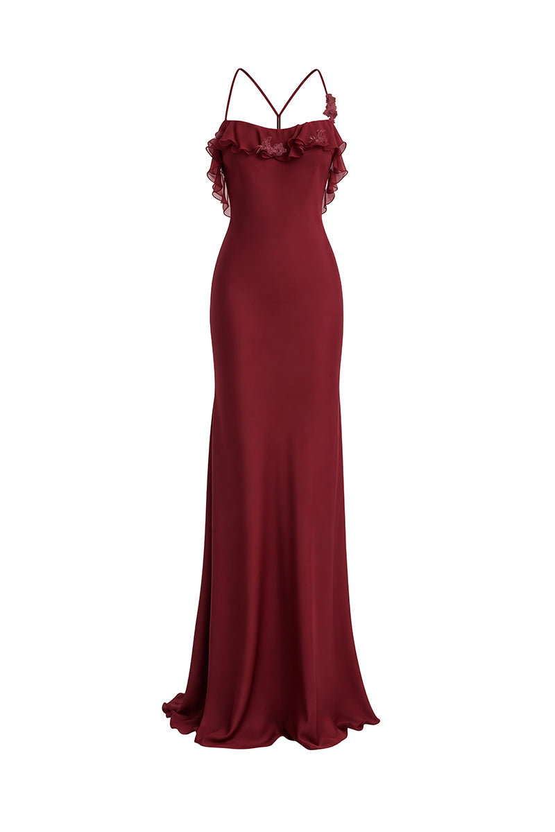 Elegant burgundy fairy ruffle maxi dress by Stolen Stores, flowing fabric with ruffle details for a stylish gown look.