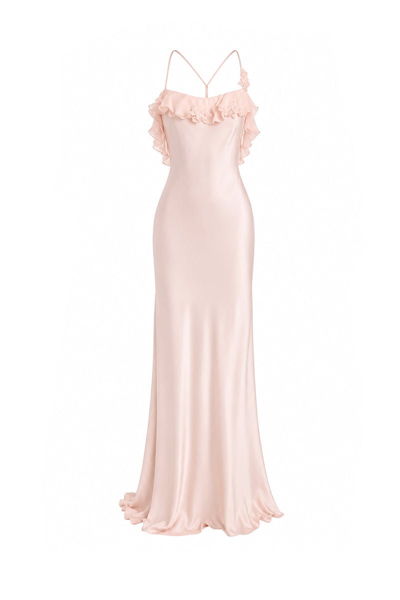 Light pink fairy ruffle maxi dress by Stolen Stores, flowing gown with layered ruffles and delicate design.