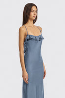 Dusty blue CULT MIA X STOLEN STORES fairy ruffle maxi dress with flowing fabric and delicate ruffle details, styled as a gown.
