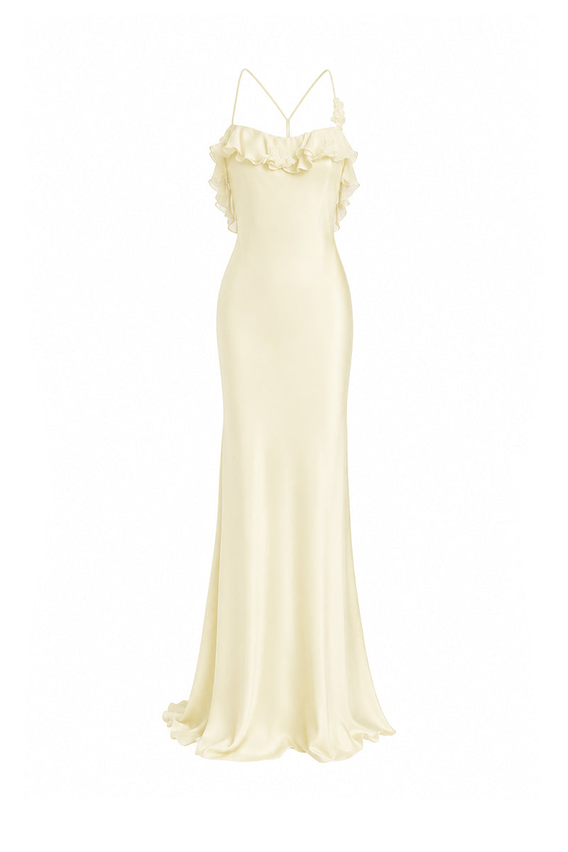 Light yellow fairy ruffle maxi dress by Stolen Stores, flowing gown with ruffled details and elegant design.
