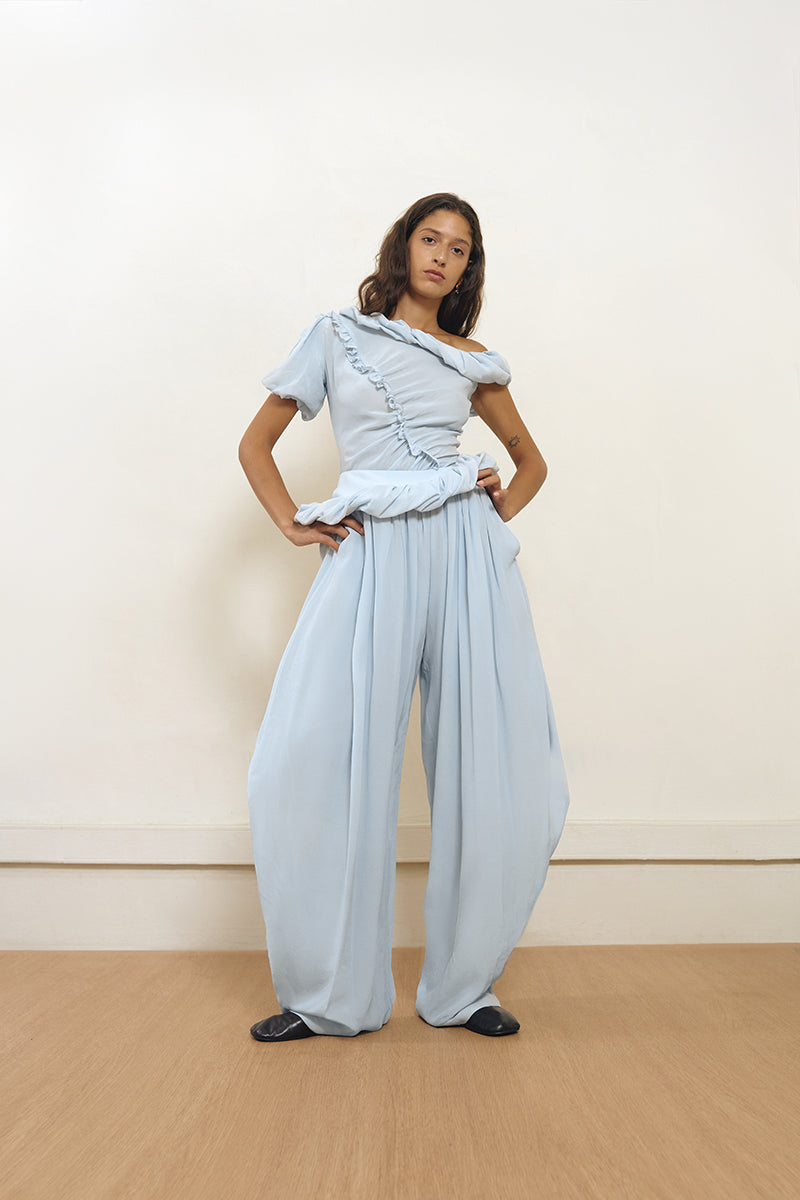 Blue Falling Pants by Yassmin Saleh, front view showing relaxed fit and stylish design.
