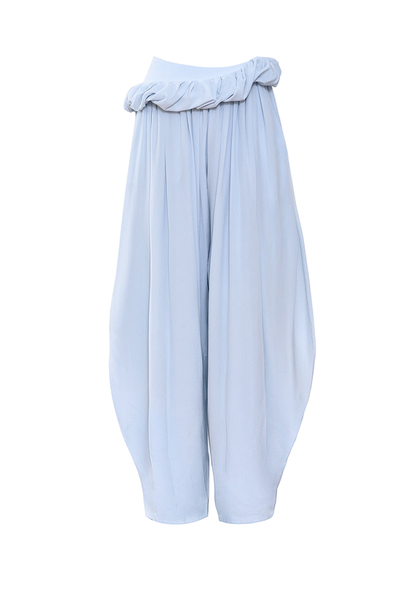 Blue Falling Pants by YASSMIN SALEH featuring flowing, lightweight fabric and relaxed fit for casual wear.