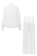 Farah white silk satin crystal shirt and pants co-ords set by 21Six, featuring a luxurious satin fabric with crystal embellishments.