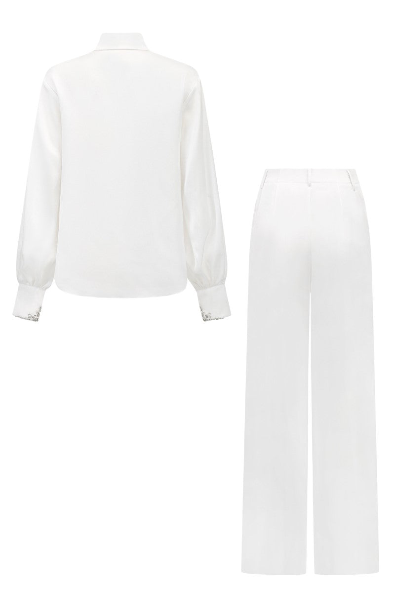 Farah white silk satin crystal shirt and pants co-ords set by 21Six, featuring a luxurious satin fabric with crystal embellishments.