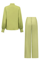 Farah lime green silk satin co-ords set with crystal embellishments, including a shirt and matching pants by 21Six.