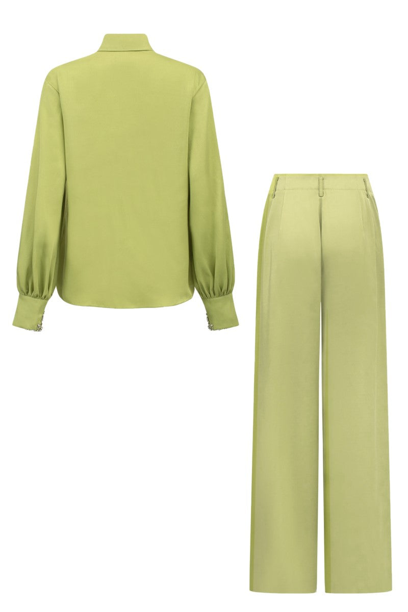Farah lime green silk satin co-ords set with crystal embellishments, including a shirt and matching pants by 21Six.