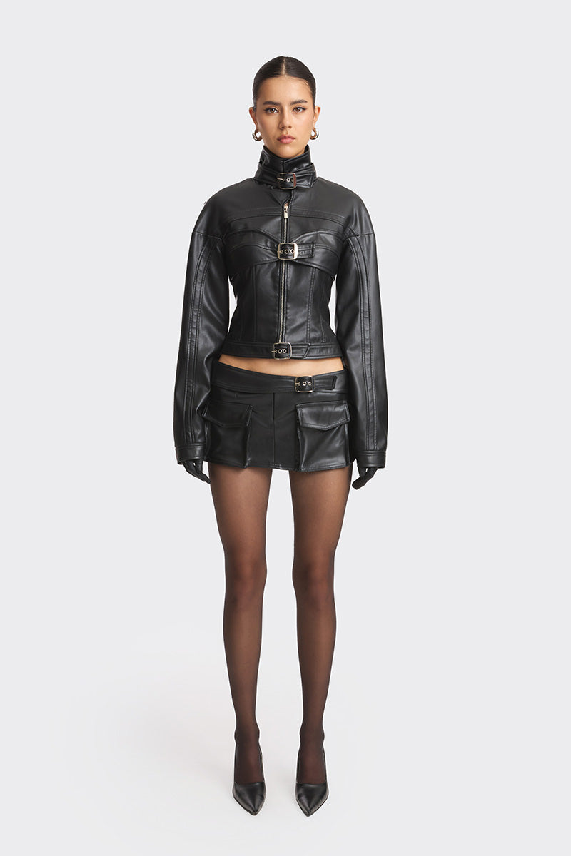 Black faux leather racing belt jacket from Stolen Stores featuring a stylish, fitted design with belt details and racing-inspired accents.